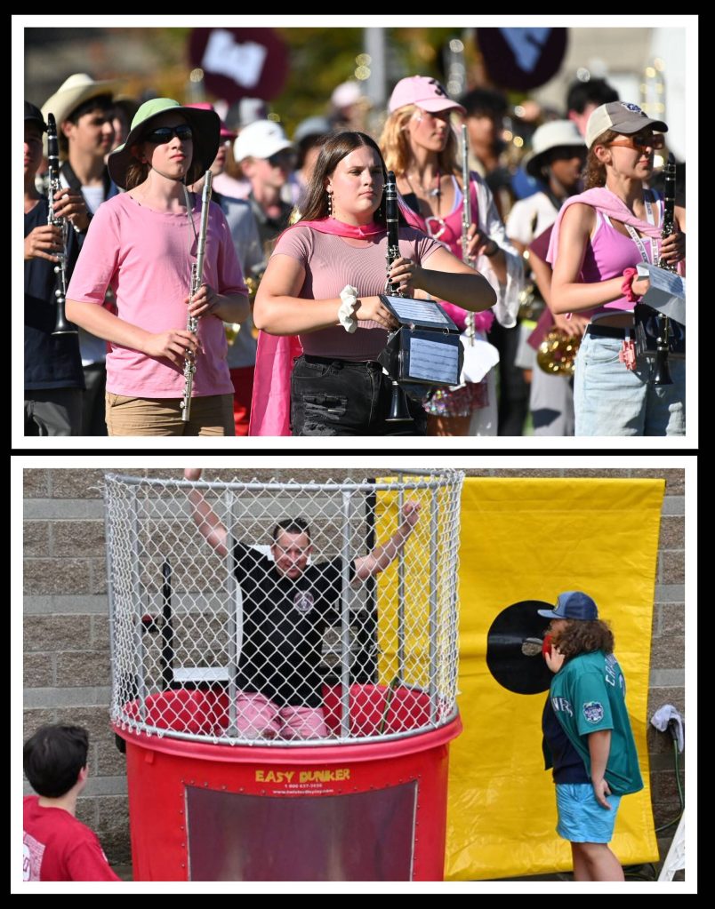Top: Mercer Island High School (MIHS) clarinet section leader Greta Hykes, middle, joined more than 200 students at a sweltering band camp last week. The marching band got a jump on learning music and moves for the Macys Thanksgiving Day Parade in New York this fall. Bottom: MIHS band director Kyle Thompson gets a welcome cooling off at band camps famous dunk tank last week. Photos courtesy of James Jantos