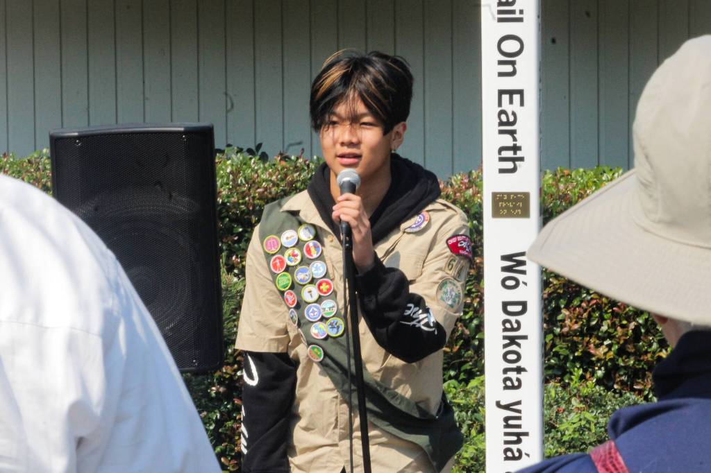 Nathan Yang speaks about planning and designing a Mercer Island peace pole. Photo courtesy of Brooks Kahsai