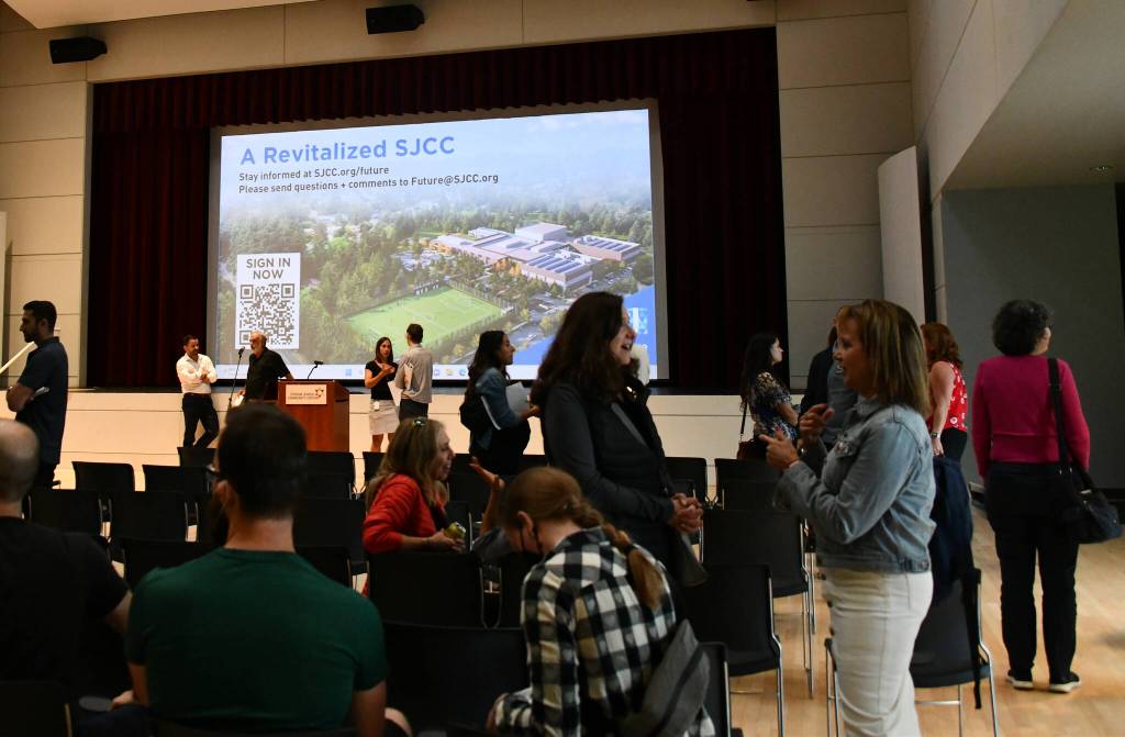 Attendees visit and discuss the Stroum Jewish Community Center proposed renovation project following the Sept. 7 meeting. Andy Nystrom/ staff report