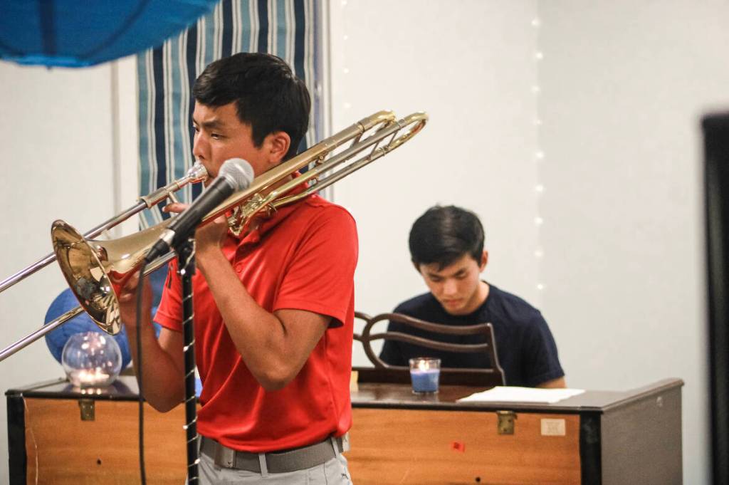 Trombonist Derek Hsi and pianist Ryan Hsi perform at the jazz fundraiser. Photo courtesy of Brooks Kahsai