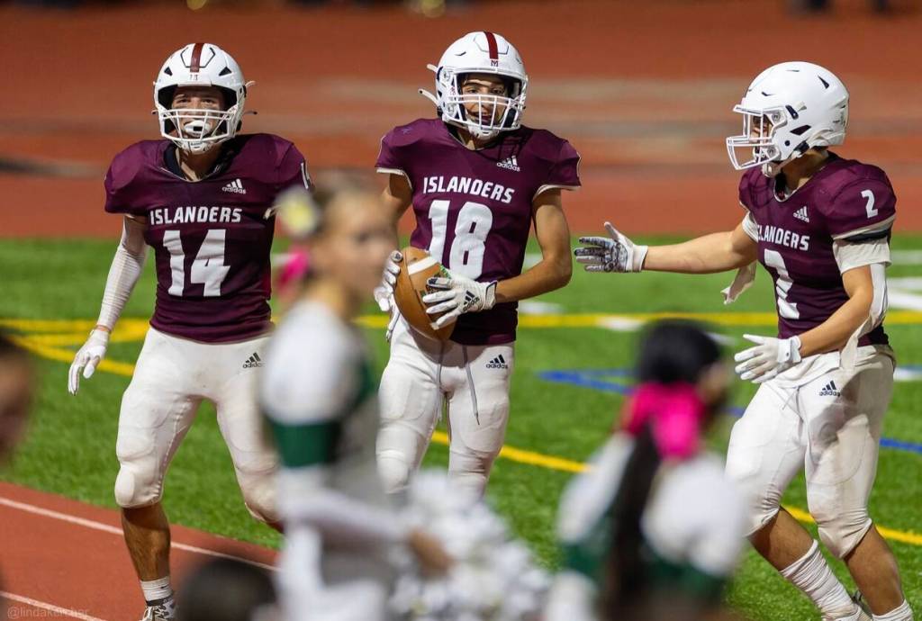 Mercer Islands Charlie Chatalas (18) grabbed his third interception of the season in the Islanders 21-11 win over Redmond on Sept. 14. Photo courtesy of Linda Kercher