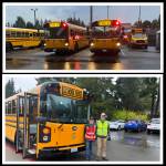 Mercer Island School Districts two electric buses ran their first routes on the morning of Sept. 25, with drivers transporting students to Mercer Island High School, Islander Middle School, and Lakeridge and West Mercer elementaries. Top, the buses prepare to get rolling. Bottom, Jo Simms (left) and Mo Youngs in front of one of the buses at Islander Middle School. Simms drove the pictured bus and Youngs drove the other one. They had just delivered students to the school. Photos courtesy of the Mercer Island School District