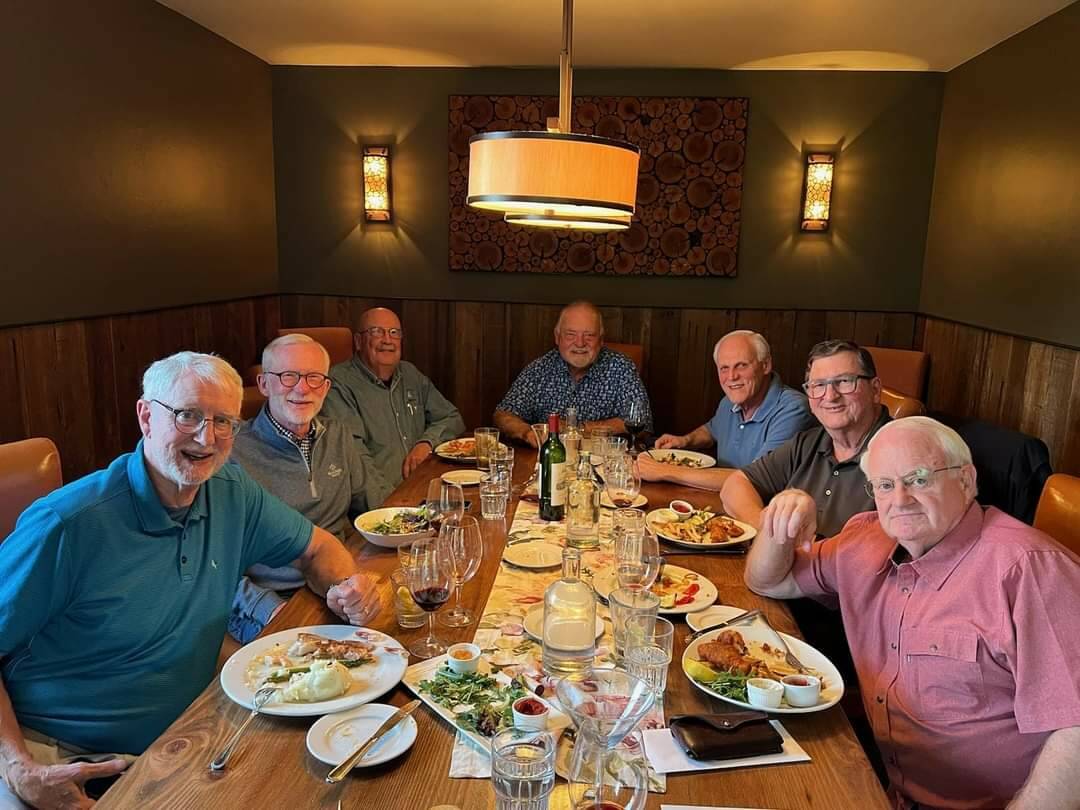 John Hamer (at left) and his old high-school friends at their recent dinner. (Courtesy photo)