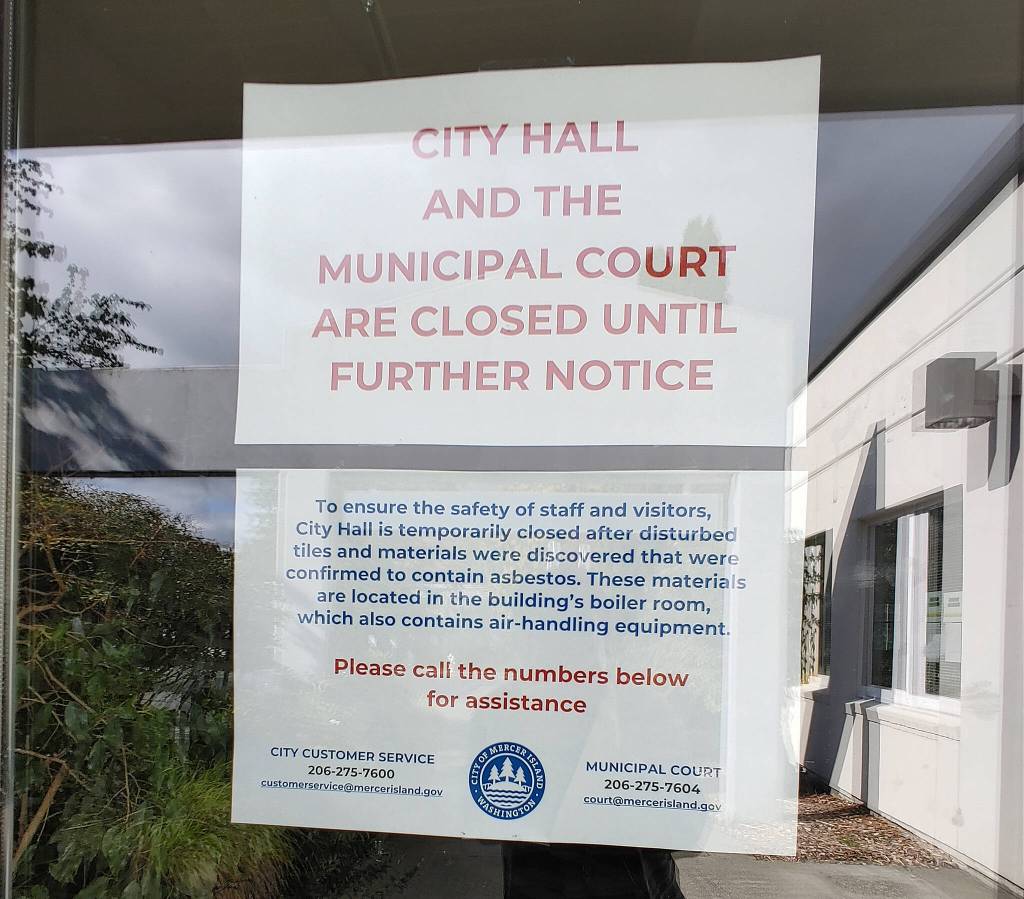 A sign is placed on the front doors of Mercer Island City Hall. Andy Nystrom/ staff photo