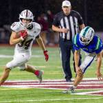 Mercer Islands Luke Myklebust blasts up field during the Islanders 24-20 football victory over Liberty (Renton) on Oct 13. Following the Homecoming game win, MI is currently the No. 2 seed in 3A KingCo with a 3-1 league record and 5-2 overall record. For MI, quarterback Spencer Kornblum was 10-for-11 passing for 111 yards and one touchdown; Cole Krawiec had 26 carries for 155 yards and one TD; Cole Rowe had two catches for 37 yards and one TD; Ryan Boyle had five catches for 52 yards; Myklebust had 14 carries for 70 yards; and Ethan Kercher kicked a field goal. Photo courtesy of Linda Kercher
