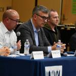 From left to right, city council candidates Dave Rosenbaum, Michael Curry, Craig Reynolds, Andrew Friedman and Jake Jacobson participate in a Mercer Island Candidate Forum on Oct. 18 at Islander Middle School. The League of Women Voters/Seattle King County, the Mercer Island Preschool Association and the Mercer Island PTA hosted the forum, which drew about 70 attendees. Wendy Weiker couldnt attend because of a family commitment and provided a candidacy statement that the moderator read to the crowd. Andy Nystrom/ staff photo