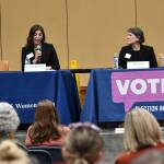 From left to right, school board candidates Ananta Gudipaty, Cristina Martinez, Jody Lee and Todd White engaged in the Oct. 18 forum. Maggie Tai Tucker couldnt attend the meeting due to a family emergency and sent in a candidacy statement that the moderator read to the crowd. Andy Nystrom/ staff photo