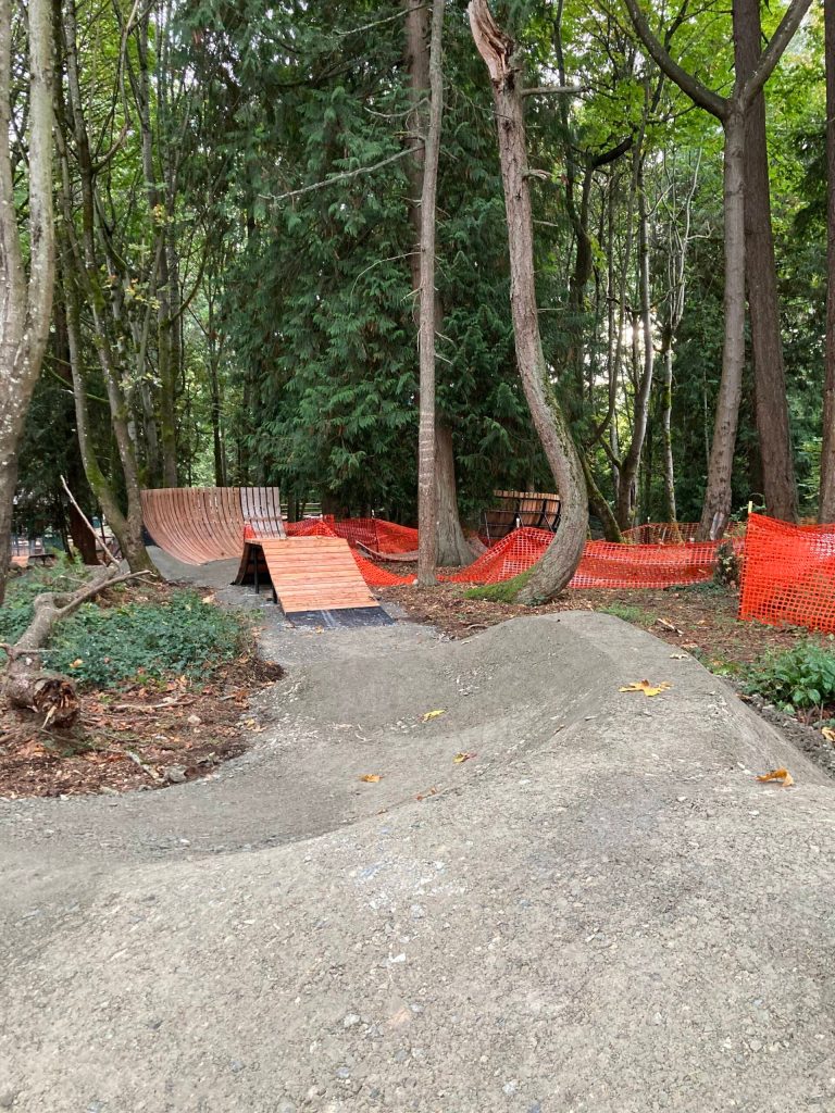 Pictured are Mercer Island Bike Skills Area wooden and dirt features under construction in October at Deanes Childrens Park. Photo courtesy of the city of Mercer Island