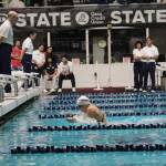 Piper Enge blasts through the 100-yard breaststroke in a state record-setting first-place time of 58.95. Photo courtesy of Chauntelle Johnson/MIHS Girls Swim Dive