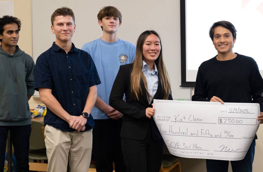 From left to right, Ashwin Krishnaswamy, Benjamin Viafore, Douglas Stovall, third-placer Catherine Chen and Nikesh Woerner. Courtesy photo