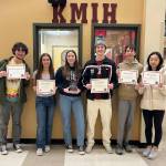 John Drury Broadcasting Awards winners, from left to right, Sam Paddor (second), Sophia Loiselle (third), Annabelle Hegarty (first), Dylan Shobe (fifth), Anatoly Odievich and Grace Go (both fourth). Courtesy photo