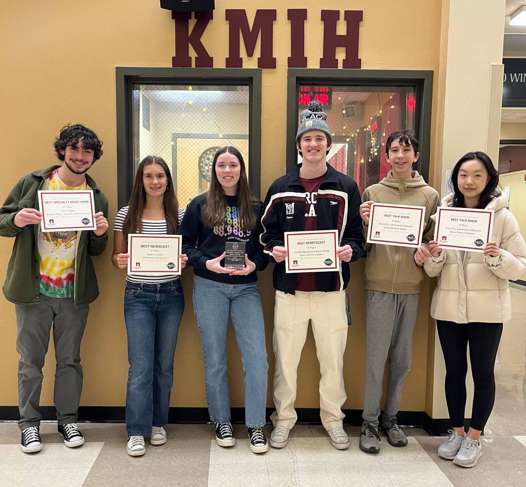 John Drury Broadcasting Awards winners, from left to right, Sam Paddor (second), Sophia Loiselle (third), Annabelle Hegarty (first), Dylan Shobe (fifth), Anatoly Odievich and Grace Go (both fourth). Courtesy photo
