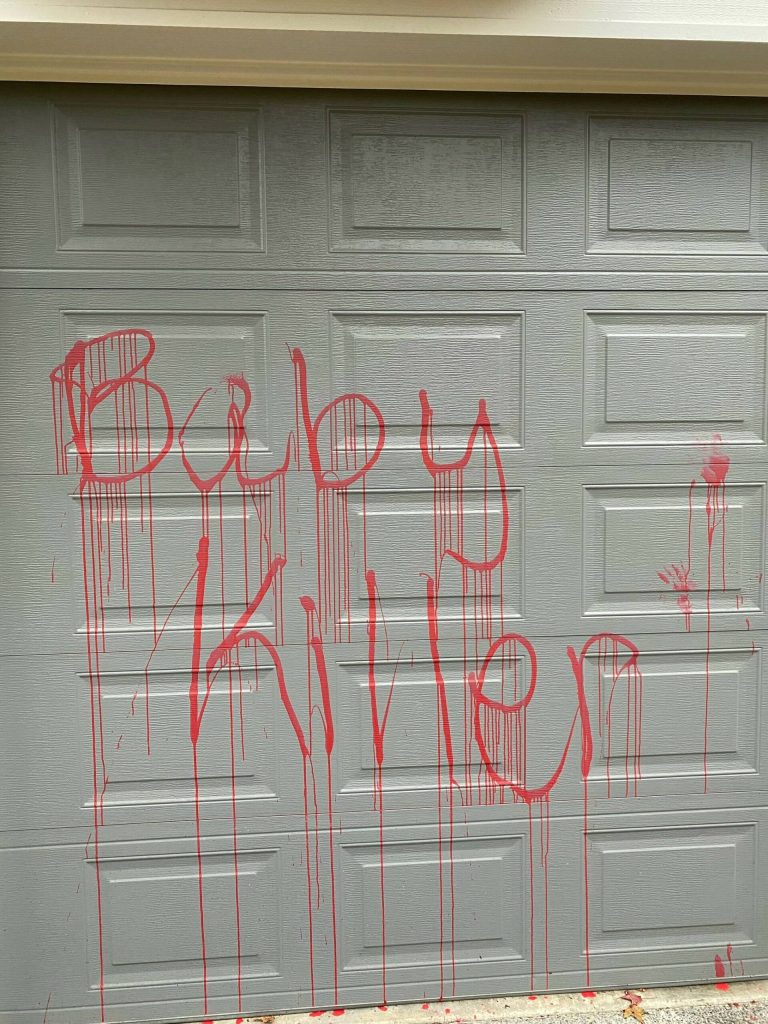 On the night of Thursday, Nov. 30 in Bellevue, people who Congressman Adam Smith said were advocating for a cease-fire in Israel and Gaza, vandalized his garage with spray paint. (Photo Courtesy of the Office of Congressman Adam Smith)