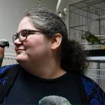 Denises Parrot Place employee Allison Wintrip with Tashi, a female mustache parakeet, at the stores temporary location. Andy Nystrom/ staff photo