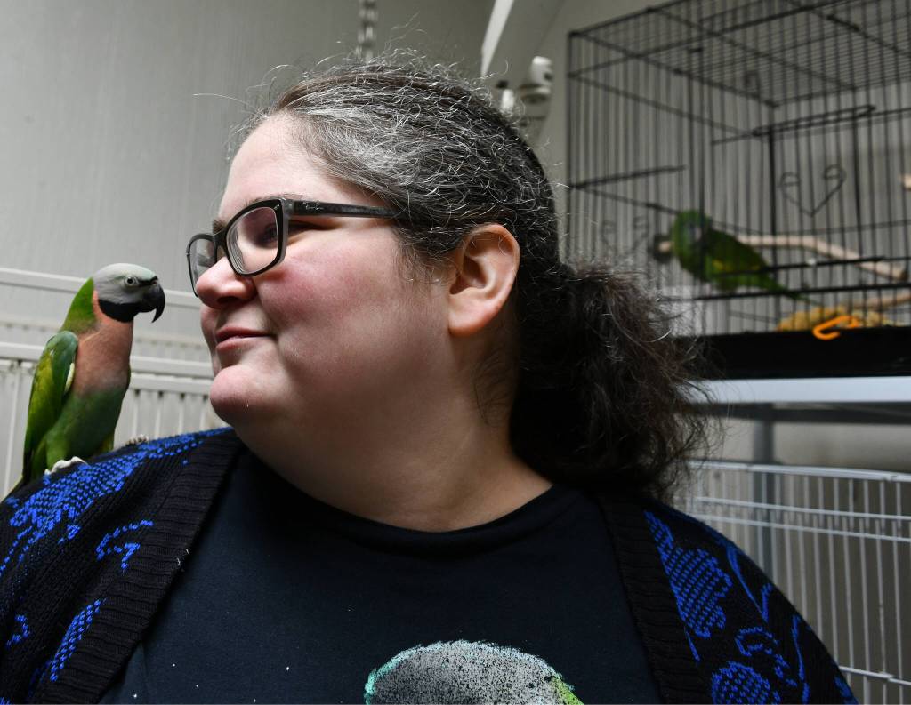 Denises Parrot Place employee Allison Wintrip with Tashi, a female mustache parakeet, at the stores temporary location. Andy Nystrom/ staff photo