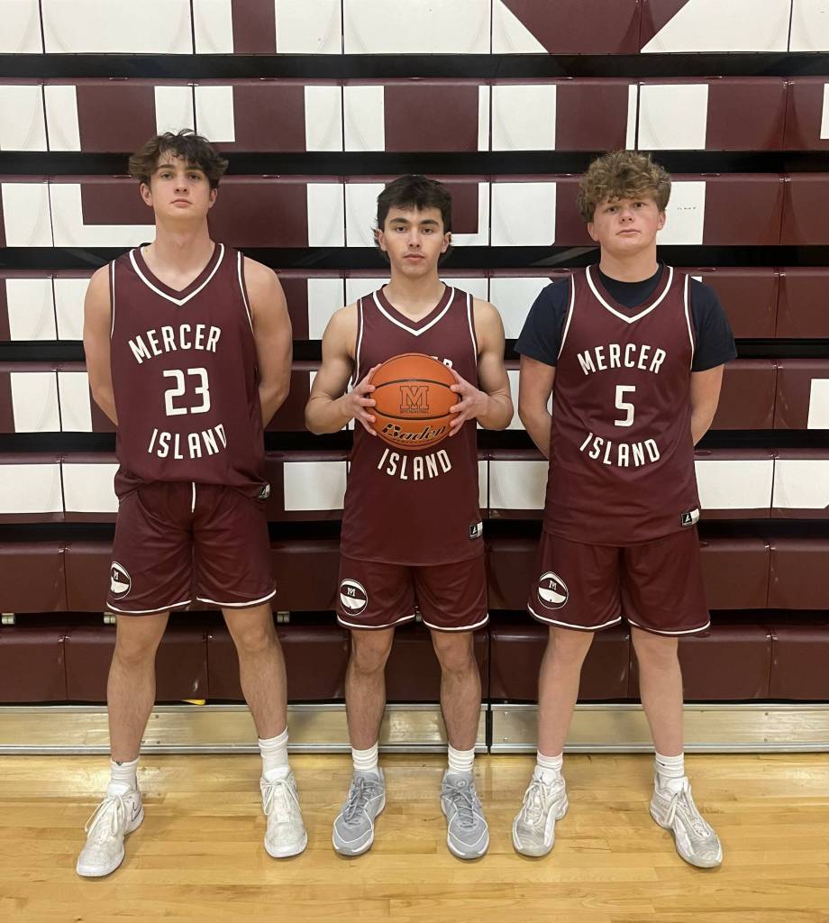 From left to right, Mercer Island High School boys basketball senior captains Nick Mautone, Syver Lanctot and Ryan Boyle. Photo courtesy of Shain Scott