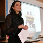 Georgia Hunter speaks about her Jewish familys harrowing Holocaust survival story on Jan. 9 at the Islander Middle School Library. Andy Nystrom/ staff photo