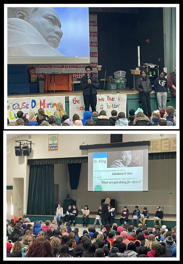 On Jan. 12, members of the Mercer Island High School Black Student Union (above) led a Martin Luther King Jr. Day assembly at Island Park Elementary School, and Lakeridge Elementary School (below) held a held a MLK Jr. Day gathering featuring its student council leaders. The events focused on MLK Jr.s importance and impact on this country and empathy and belonging. MLK Jr. Day is Jan. 15. Photos courtesy of the Mercer Island School District