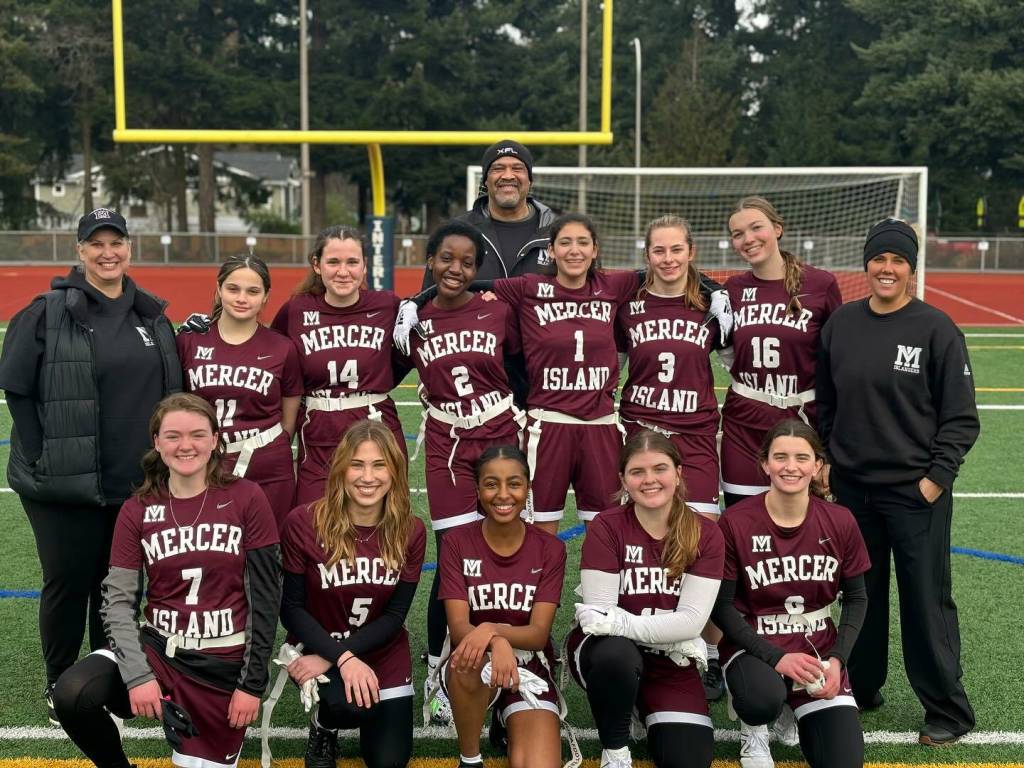 Mercer Island High Schools girls flag football team: Back row: Coach Kelly John-Lewis. Middle row: Coach Kristin Brintnall, Lauren Andrews, Marissa Frame, Joy Rurangwa, Tyler Woloshin, Annalise Gazda, Audry Goodman and Coach Shannon Tapp. Front row: Natalie Erickson, Keira Kelly, Saron Michael, Katie Kolpa and Rachel Garton. Not pictured: Rose Haba, Blakeley Bourke, Ayden Nov, Samantha Schwarz, Mackenzie Slivinski, Nadia Slivinski and Naledi Tardif. Photo courtesy of the Mercer Island School District