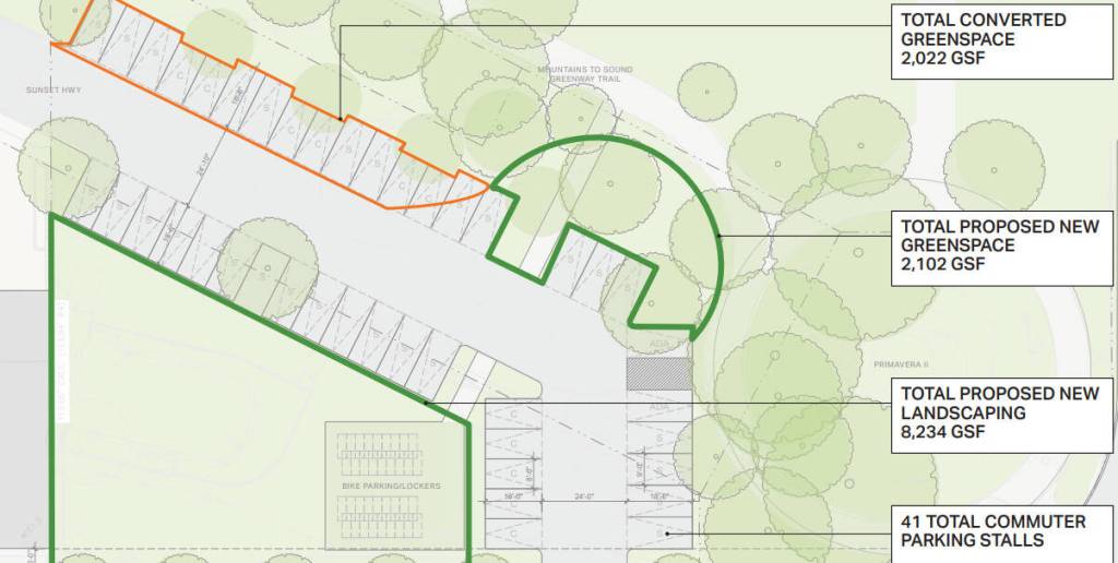 In this graphic, theres the former Tullys coffee shop site on the lower left and the other two parcels above, all of which are proposed to be utilized in the Town Center long-term regional transit commuter parking project. Courtesy of the city of Mercer Island