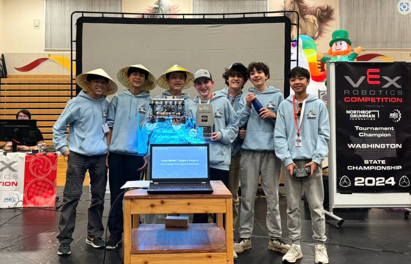Islander Middle Schools robotics team 98040C, right to left: Harry Nguyen, Kenan Khatib, Zevi Danielli, Til Wyss, Henry Xing, Brian Kwon and Jeremy Leung. Photo courtesy of the Mercer Island School District