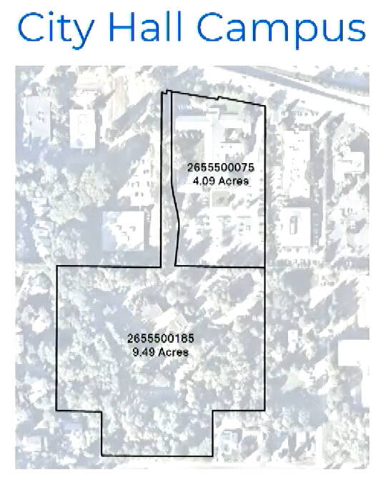 In this graphic, the former Mercer Island City Hall sits at the top and the Public Works department building covers the bottom portion. Courtesy of the city of Mercer Island