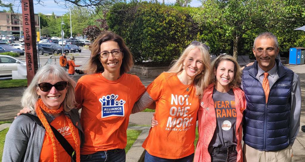 On June 3, 2022, some Mercer Island PTA Committee on Gun Violence Prevention founding members, from left to right, Gwen Loosmore, Mindy Smith, Tanya Aggar, Lori Cohen-Sanford and Bharat Shyam, gathered at a National Gun Violence Awareness Day event at Mercerdale Park. Courtesy photo