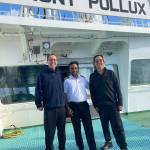 From left, Balthasar Wyss with Captain Ravi (Ravichandra Vijayshankar Yadav) of the Front Pollux oil tanker and crewmate Marcelo Osanai. Photo courtesy of the Front Pollux crew