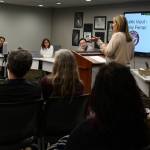 Mercer Island resident Emily Ferrari speaks in favor of open enrollment at the Mercer Island School District board of directors meeting on March 28. Andy Nystrom/staff photo