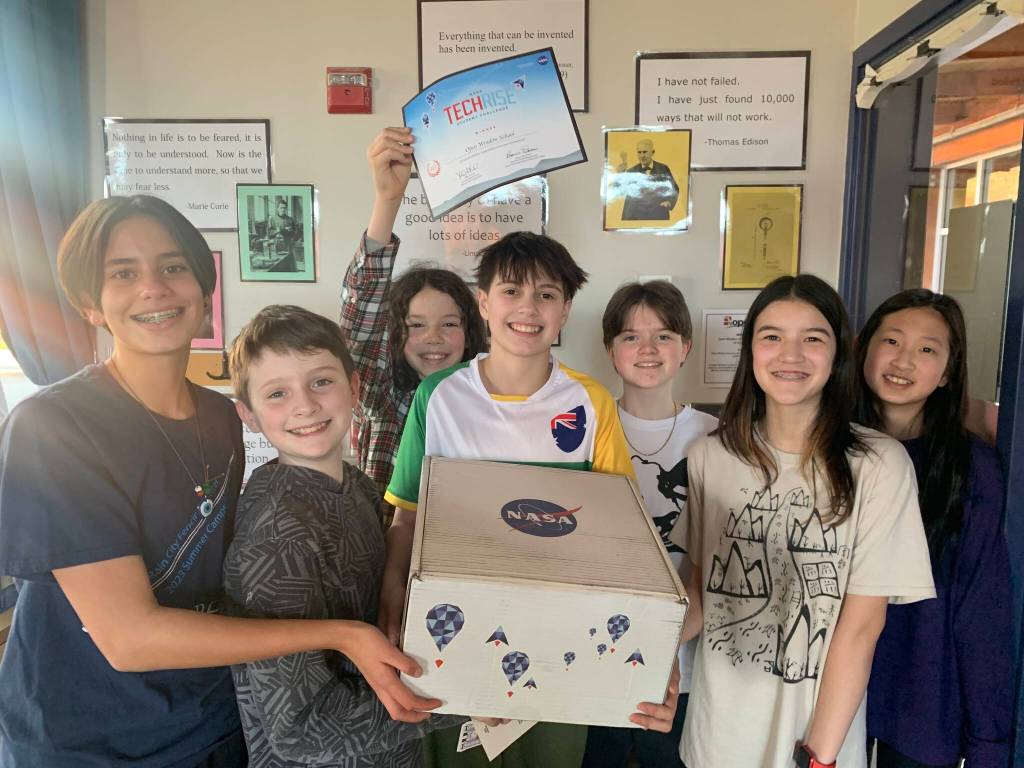 From left to right, LUMINAS members are Sophie Mathew, Grady Moore, Asher Cook, Nova Hagen (Mercer Island), Nick Nevils, Ellie Klesert (Mercer Island) and Kaitlyn Chu (Mercer Island). Courtesy photo