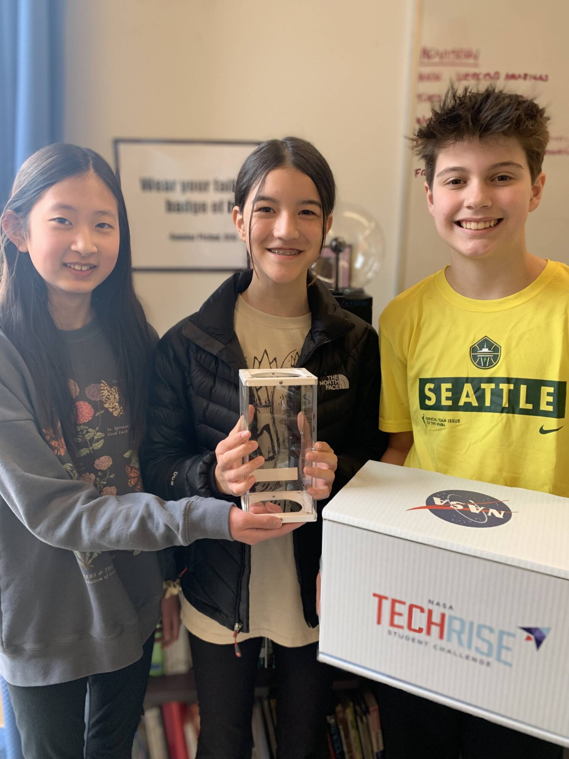 From left to right, Mercer Islanders Kaitlyn Chu, Ellie Klesert and Nova Hagen are members of the winning LUMINAS team in NASAs TechRise competition. Courtesy photo