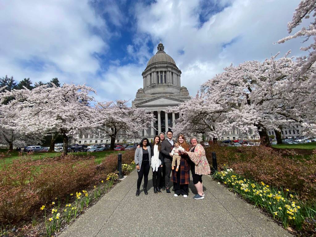 From left to right: Kindering Communications Specialist Roshni Karthikeyan; Kindering Director of Public Affairs Kristina Brown; Julia Anderson, parent advocate; Alex Team and Morgan Taam with their child Juniper; and Kindering Autism Navigator Marcee Merriam. (Photo courtesy of Kindering)