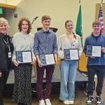 From left to right, Mercer Island High School instructor Jen McLellan gathers with Rotary Club of Mercer Island April students of the month Mia Vorkoper, Julian Jay, Sophie Cartwright and Grayson Conder. Courtesy photo