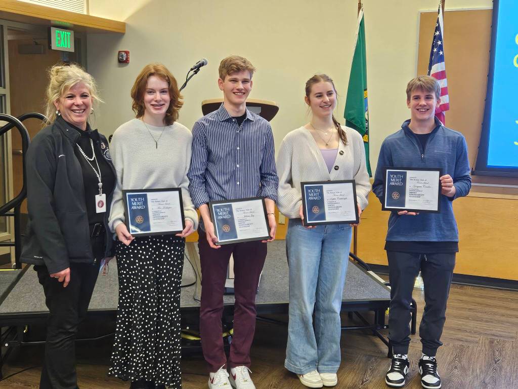 From left to right, Mercer Island High School instructor Jen McLellan gathers with Rotary Club of Mercer Island April students of the month Mia Vorkoper, Julian Jay, Sophie Cartwright and Grayson Conder. Courtesy photo