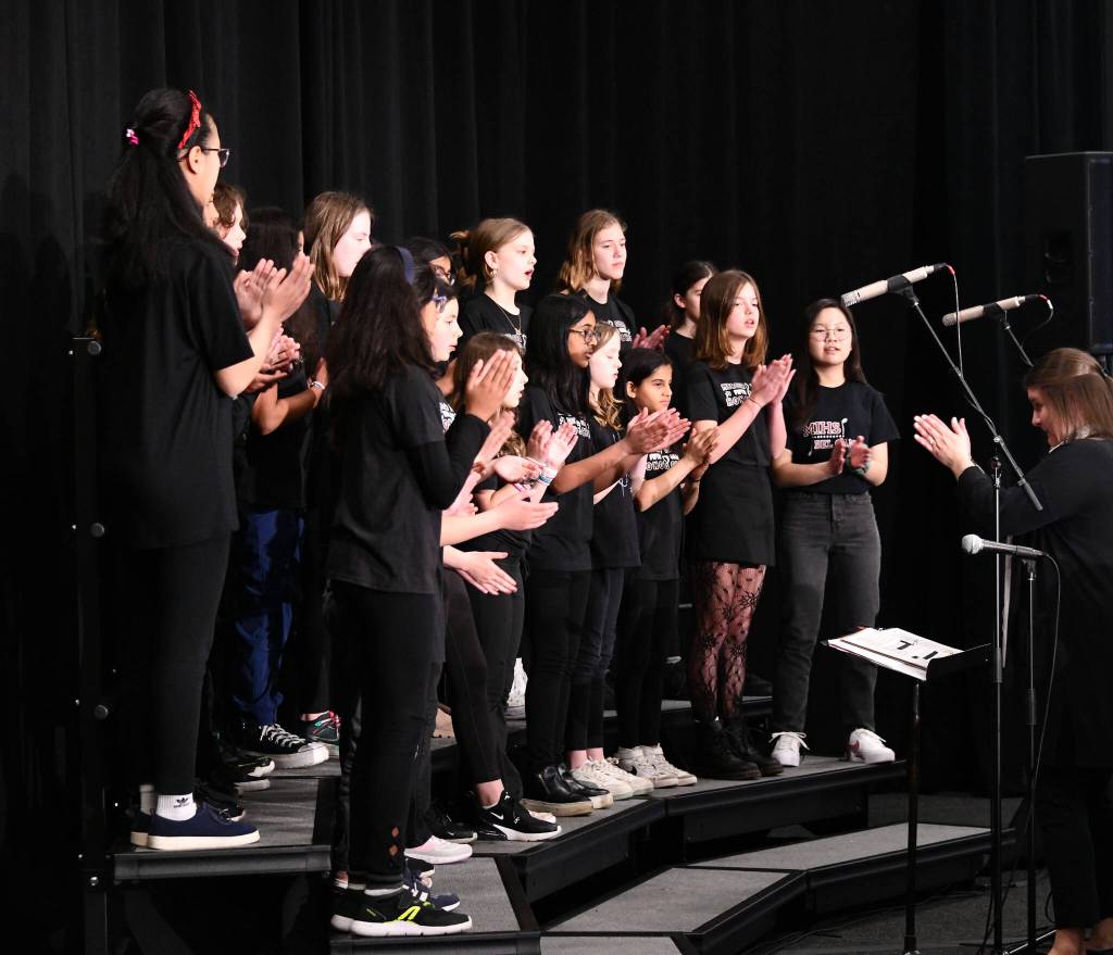 Director Annalise Rockows fifth-grade honor choir performs during the Mercer Island Schools Foundation (MISF) 2024 Breakfast of Champions on the morning of April 30. Andy Nystrom/ staff photo