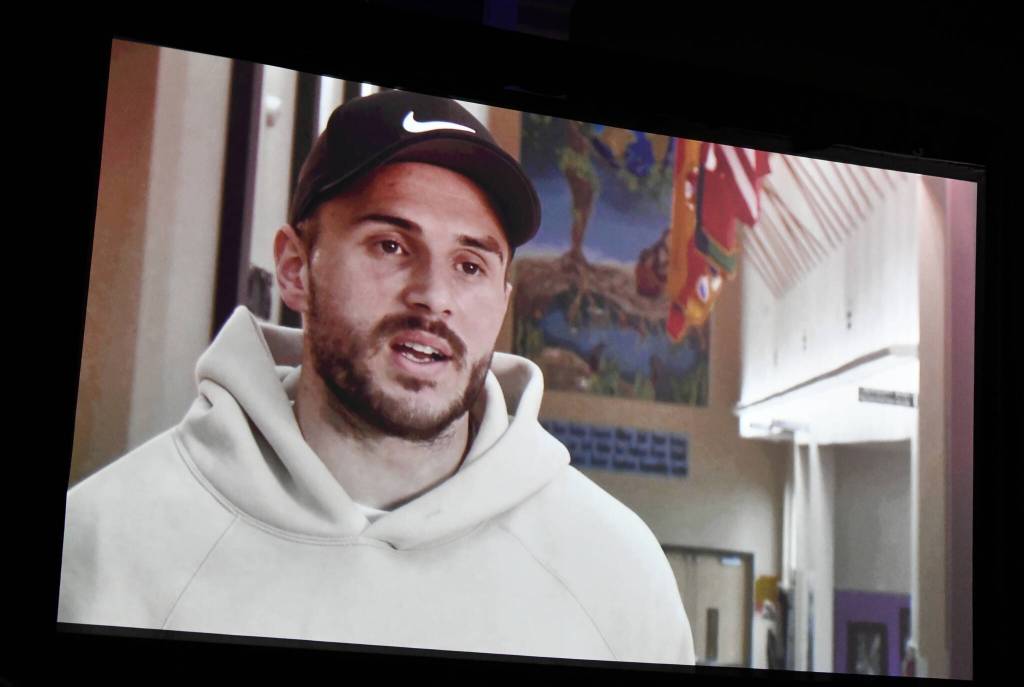 Pathfinder Award winner Jordan Morris speaks about his Type 1 diabetes foundation on a video. Andy Nystrom/ staff photo