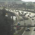 First-responder vehicles and trucks block the westbound Interstate 90 off-ramp to East Mercer Way on the morning of May 1. WSDOT X screenshot