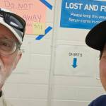 Rotary Club of Mercer Island members went to the Stroum Jewish Community Center on a recent day and picked up three carloads of lost and found clothing, water bottles and other items that Rotary will wash and donate to a nonprofit that helps refugee families and children. This is the second such collaboration between Rotary and the J. Service above self is Rotarys motto. Pictured are Rotarys John Hamer, left, and the Js Choy Lay. Courtesy photo