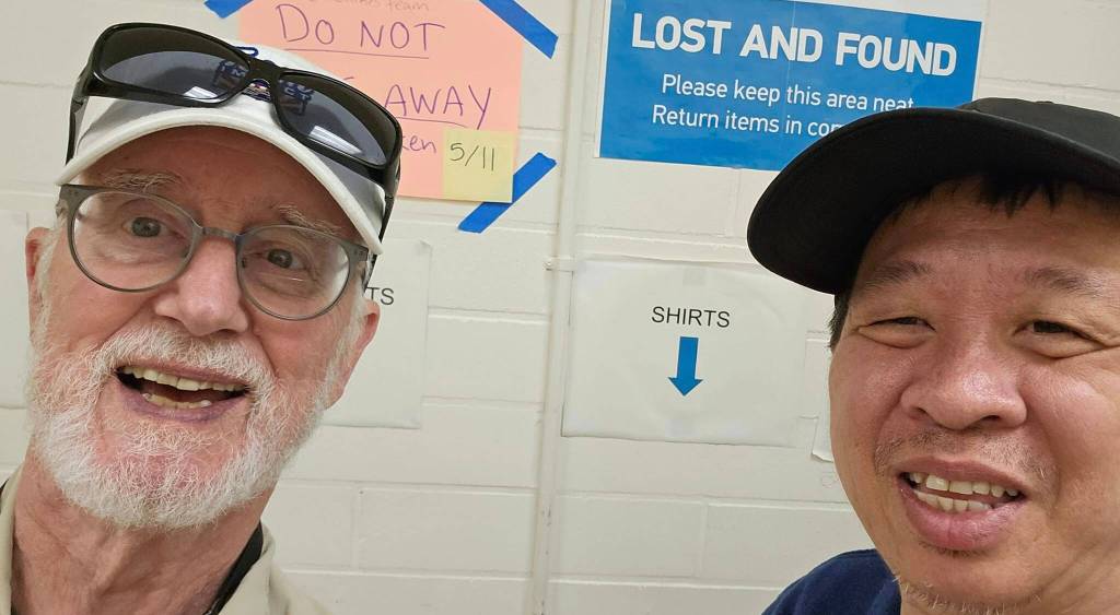 Rotary Club of Mercer Island members went to the Stroum Jewish Community Center on a recent day and picked up three carloads of lost and found clothing, water bottles and other items that Rotary will wash and donate to a nonprofit that helps refugee families and children. This is the second such collaboration between Rotary and the J. Service above self is Rotarys motto. Pictured are Rotarys John Hamer, left, and the Js Choy Lay. Courtesy photo