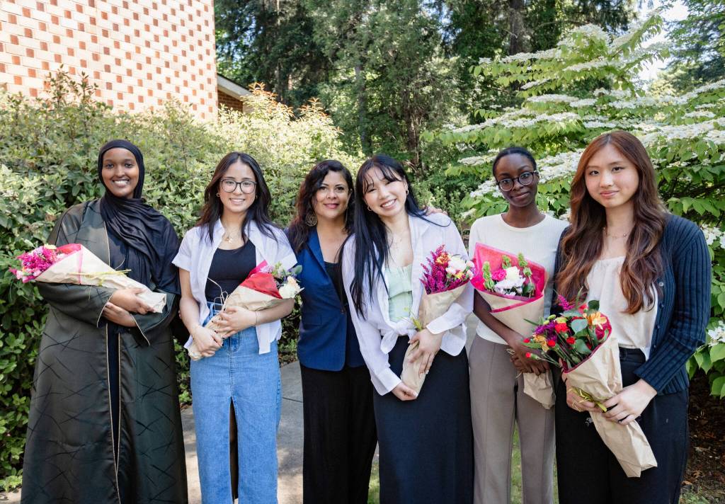 From left to right, Ilham Mohamed, Rainier Beach High School; Samantha Scaia, Chief Sealth International High School; Dr. Maya Soetoro, global peace leader and daughter of Dr. Stanley Ann Dunham; Cassie Au, Rainier Beach High School; Mayen Nkposong, Mercer Island High School; and Karen Zhang, Mercer Island High School. Photo courtesy of Lionel Mukendi
