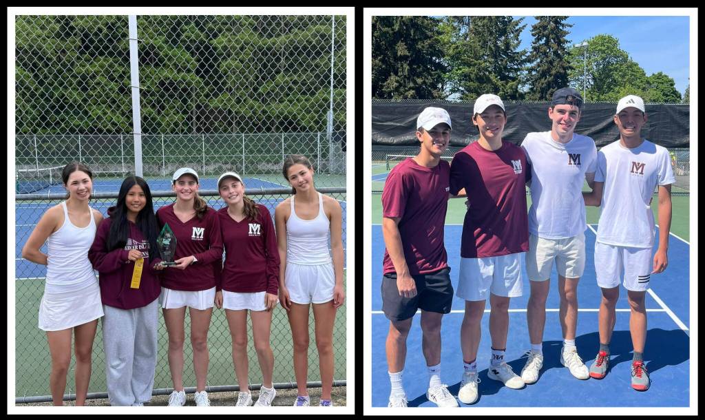 Mercer Island High Schools girls and boys tennis doubles teams won 3A districts and qualified for the 3A state championships on May 24-25 at the Vancouver Tennis Center. For the girls, sisters Rachel and Sarah Garton (maroon shirts) took first at districts, and sisters Violet and Mia Kinney (white shirts) were fourth at districts and also made state. Chloe DeGracia was fourth in singles at districts and also qualified for state. The girls team won the district title. For the boys, Gian Manhas and Nathan Wen (maroon shirts) took first place and Sam Dilworth and Connor Leung (white shirts) took second place and also advanced to state. Photos courtesy of the Mercer Island School District