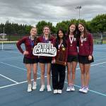 Mercer Island High Schools girls tennis players at the 3A state championships, from left to right, Sarah Garton, Rachel Garton, Chloe DeGracia, Mia Kinney and Violet Kinney. Photo courtesy of Kevin Leung