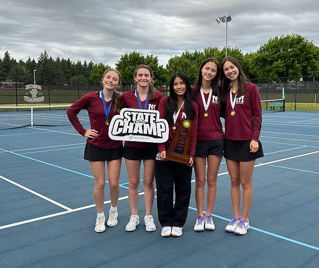 Mercer Island High Schools girls tennis players at the 3A state championships, from left to right, Sarah Garton, Rachel Garton, Chloe DeGracia, Mia Kinney and Violet Kinney. Photo courtesy of Kevin Leung