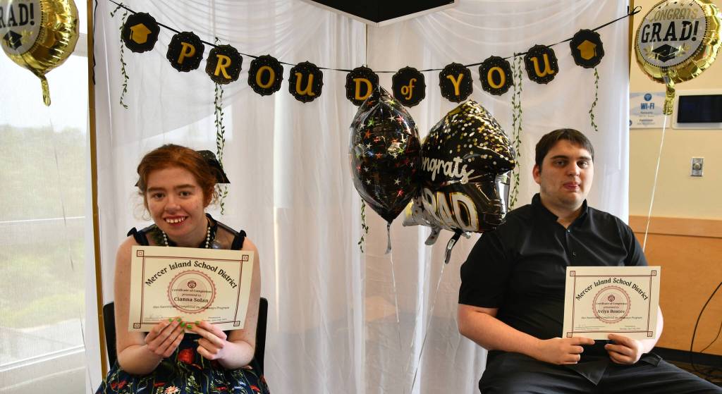 Pathways program graduates Cianna Solan and Aviya Bentov attended a celebration on June 13 at the Mercer Island Community and Event Center. Andy Nystrom/ staff photo