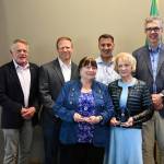 From left, Mercer Island City Councilmember Jake Jacobson, Deputy Mayor David Rosenbaum, Sandy Samuel, Mayor Salim Nice, Doris Cassan and councilmember Craig Reynolds. Andy Nystrom/ staff photo