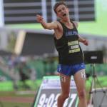 Mercer Islander Hudson Atrosh excitedly crosses the finish line in first place in the Emerging Elite two-mile race on June 14 at the Nike Outdoor Nationals at Hayward Field in Eugene, Oregon. Photo courtesy of westcoastxc