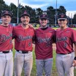 Mercer Island High School graduates, from left to right, Gov Aufranc, Austin Cupic, Cutter Werdel and Jack Varney are currently playing for the Redmond Dudes Baseball Club in the Pacific International League. Photo courtesy of Joe Gray