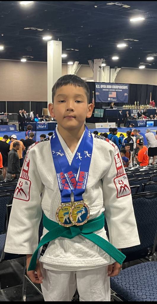Mercer Islands Mikhail Zulaev notched a pair of gold medals at the US Open Judo Championships from July 24-27 in Fort Lauderdale, Florida. He triumphed in the following categories: boys born in 2015, Bantam 5 under 33 kg, and boys born in 2015, Bantam 5 under 37 kg. Courtesy photo