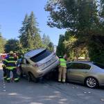 Mercer Island police and fire units responded to a non-injury collision at Island Crest Way and Southeast 38th Street on Aug. 28. More details were not available at press time. Photo courtesy of the Mercer Island Police Department