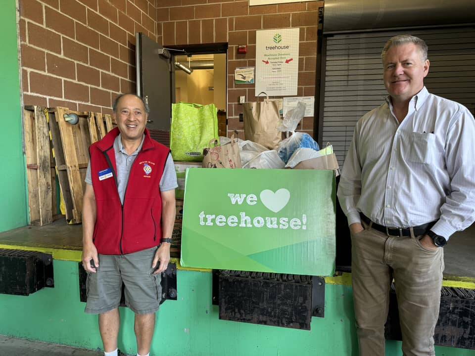 Rotary Club of Mercer Island President Benson Wong and President-Elect Todd White recently delivered bags and boxes of clothes and accessories to Treehouse in Seattle. The Treehouse nonprofit is focused on educational needs of youth in foster care. Wong and White, plus fellow Rotarians of the Laundry Brigade, washed, dried and sorted all these clothes from the Stroum Jewish Community Centers lost and found collection. Photo courtesy of the Rotary Club on Mercer Island
